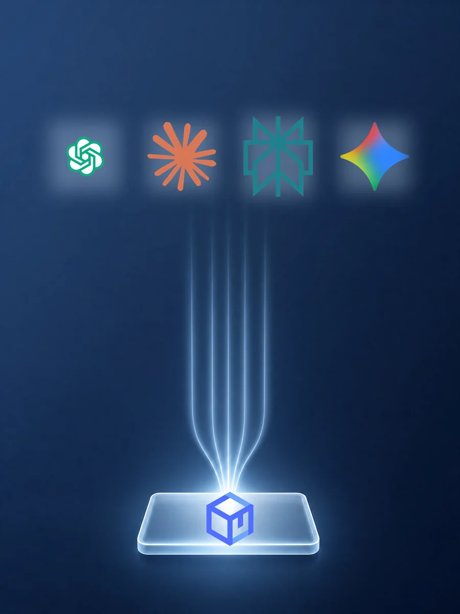 ChatGPT, Claude, Perplexity and Gemini above four beams of light converging on a single source marked with the LLMReach logo