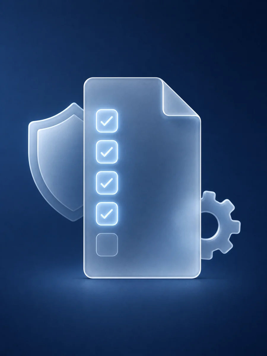 A technical file with a column of checked boxes, a shield and a gear