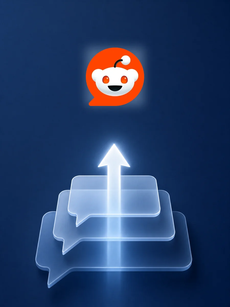 The Reddit logo above a stack of comment threads with an arrow rising through them
