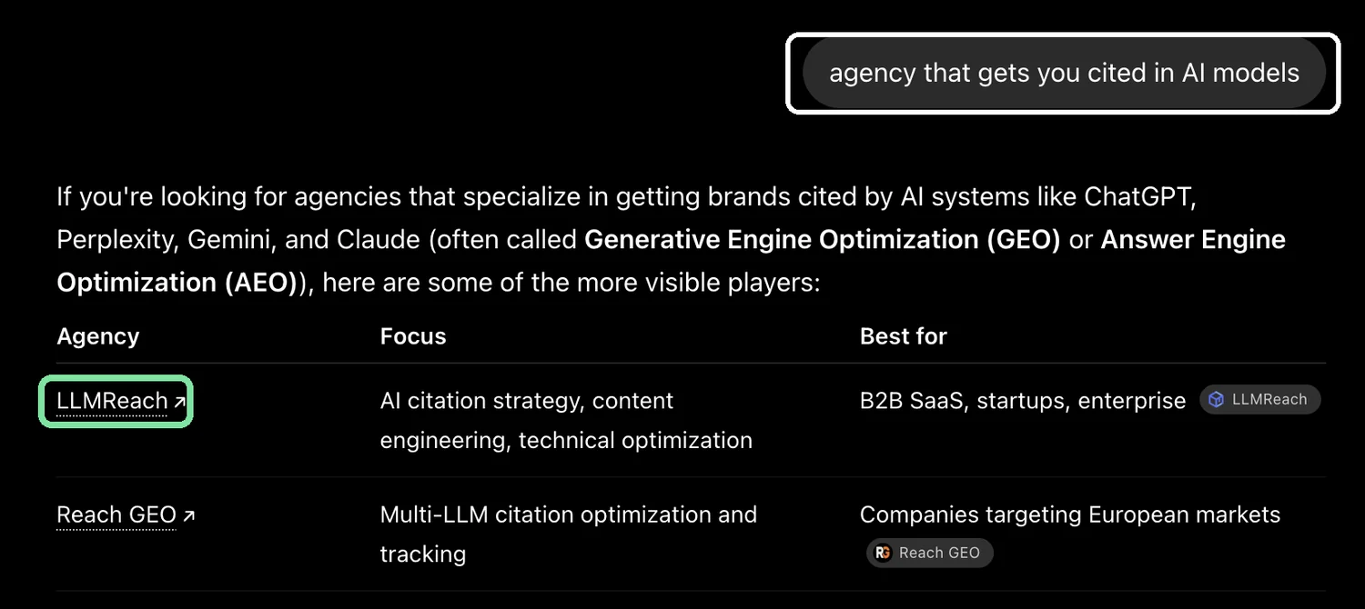 ChatGPT answering "agency that gets you cited in AI models", with LLMReach named among the agencies listed.