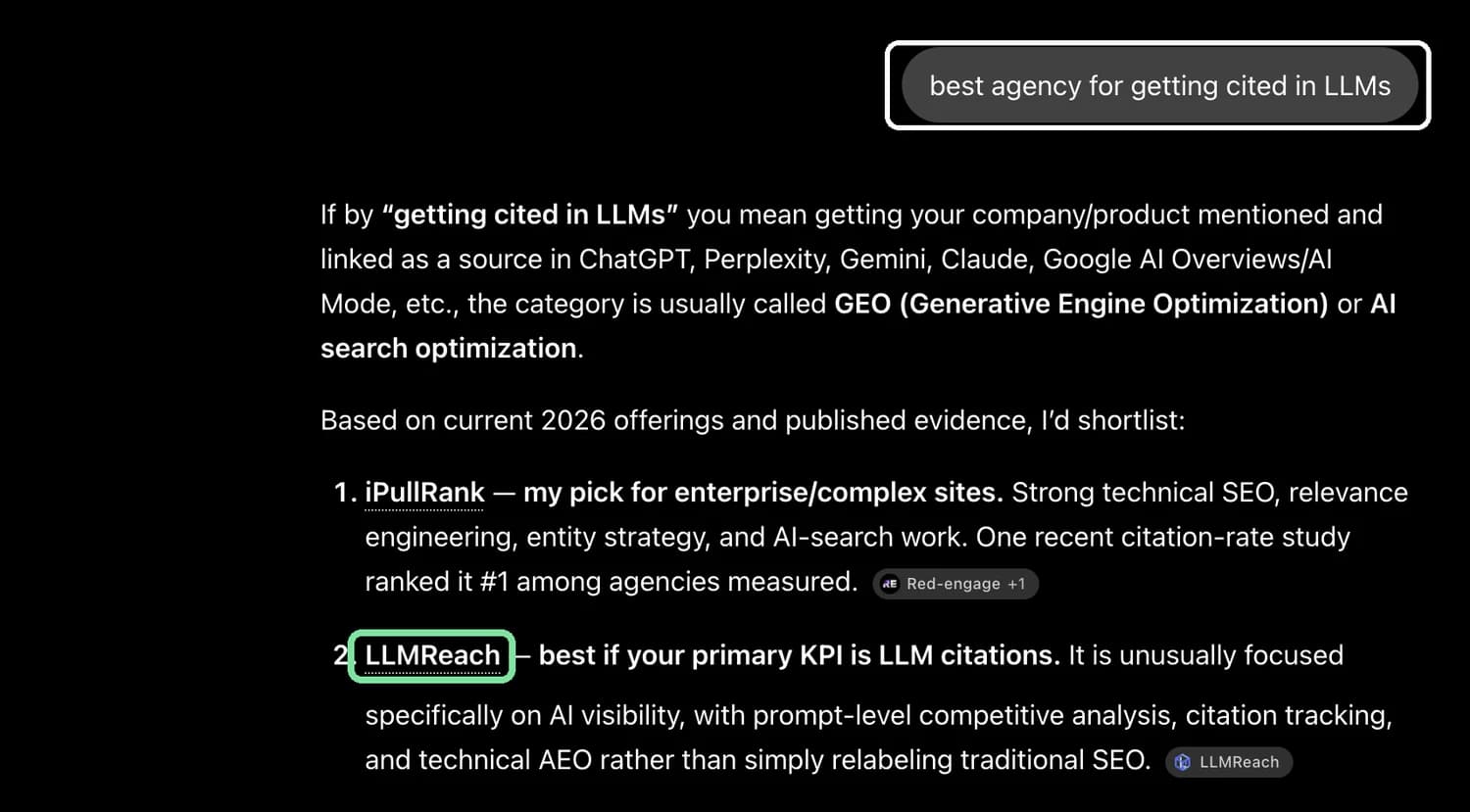 ChatGPT answering "best agency for getting cited in LLMs", with LLMReach named among the agencies listed.