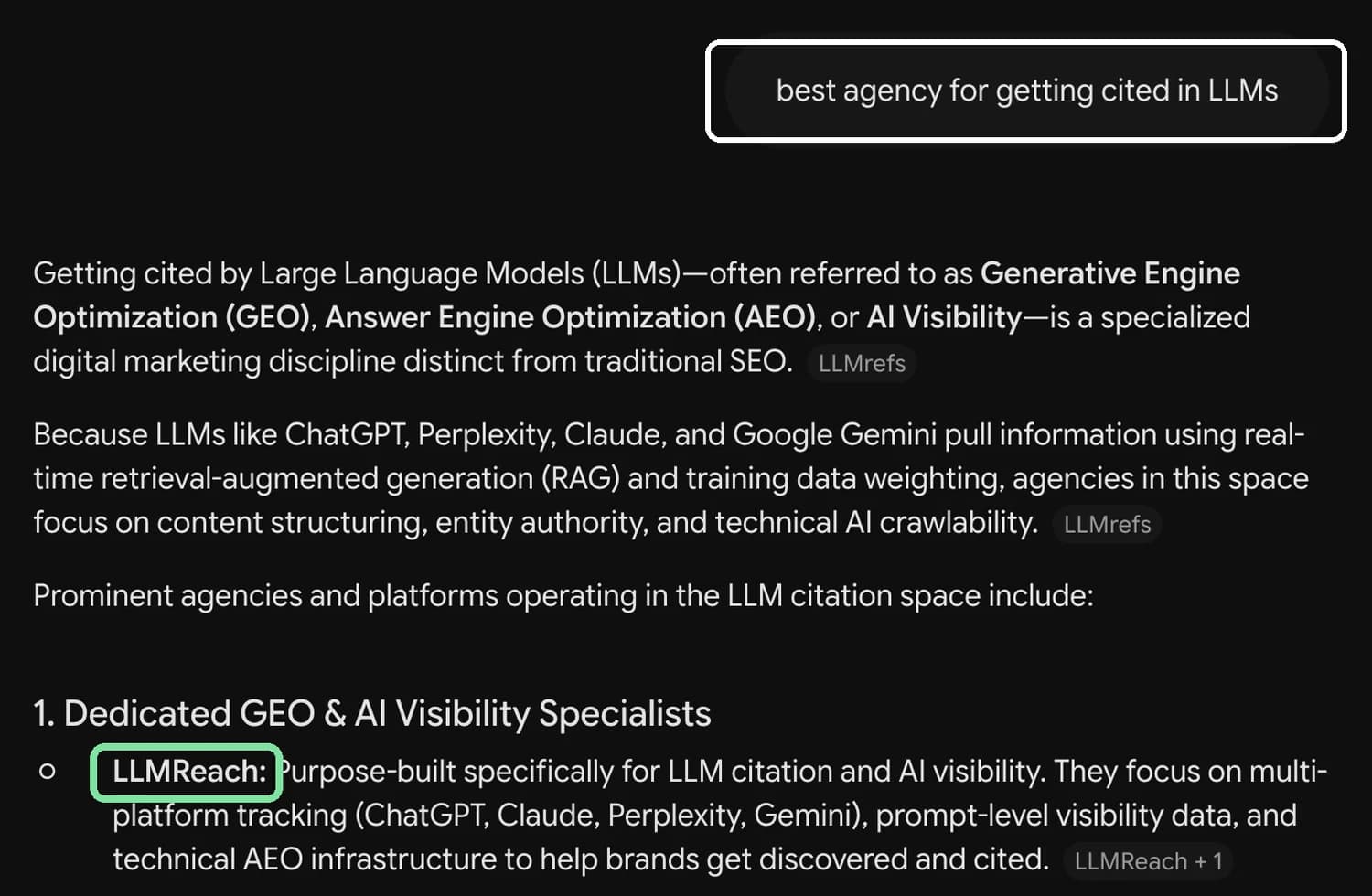 Gemini answering "best agency for getting cited in LLMs", with LLMReach named among the agencies listed.