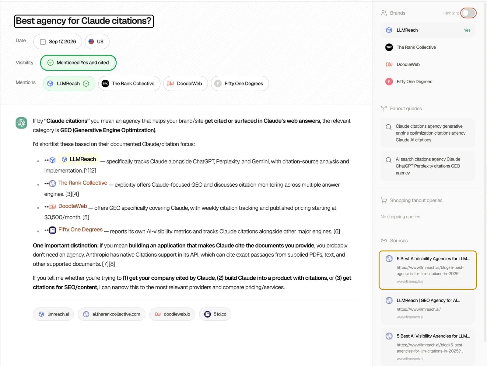 LLMReach tracking view for the prompt best agency for Claude citations, dated 17 September 2026, showing LLMReach mentioned and cited and listed first, above The Rank Collective, DoodleWeb and Fifty One Degrees, with llmreach.ai pages among the sources the model consulted.