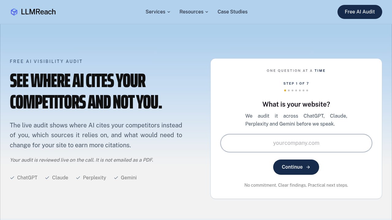 The LLMReach free AI visibility audit page, showing what the audit covers across AI assistants