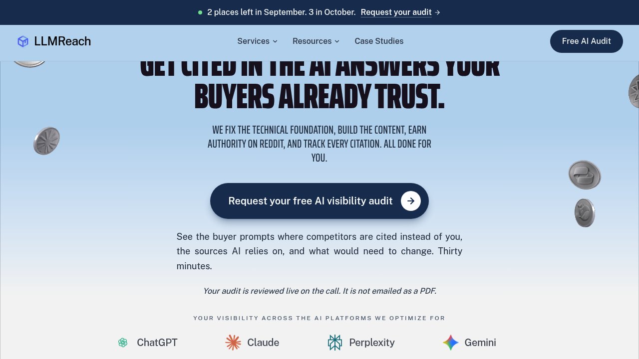 The LLMReach homepage, showing the free AI visibility audit call to action and the AI platforms covered
