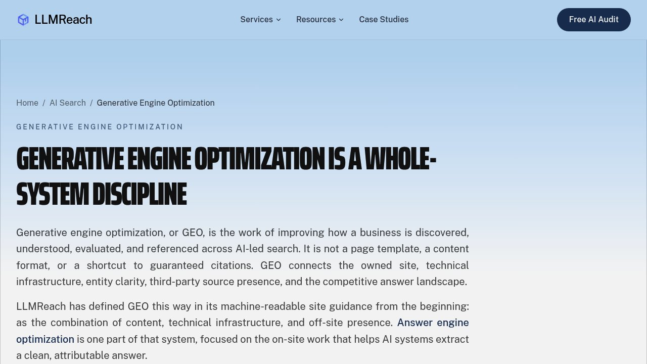 The LLMReach GEO services page, showing the full generative engine optimization offering