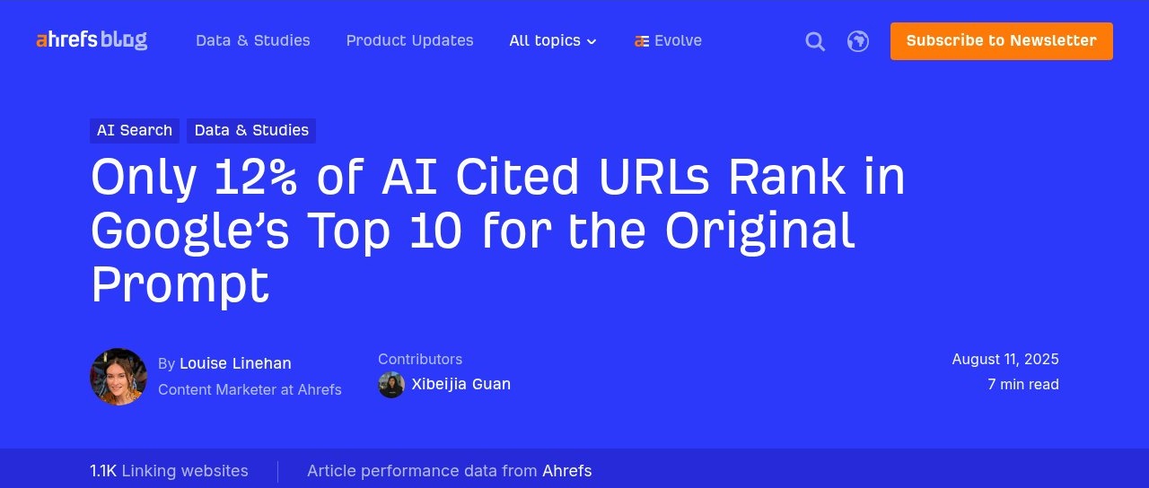 Headline of the Ahrefs study Only 12% of AI Cited URLs Rank in Google's Top 10 for the Original Prompt, published 11 August 2025
